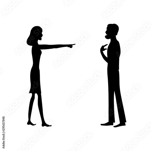 Angry woman and confused man. Vector black illustration.