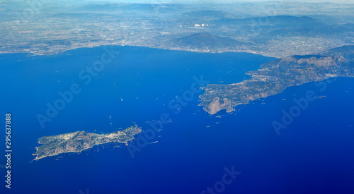 Aerial view of the Bay of Naples, with the island of Capri, the Sorrento Peninsula, and Mt Vesuvius