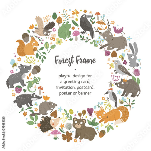 Vector round frame with animals and forest elements on black background. Natural themed banner. Cute funny woodland card template..