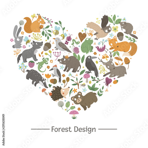 Vector frame with animals and forest elements on black background. Natural themed banner framed in heart shape. Cute funny woodland card template..