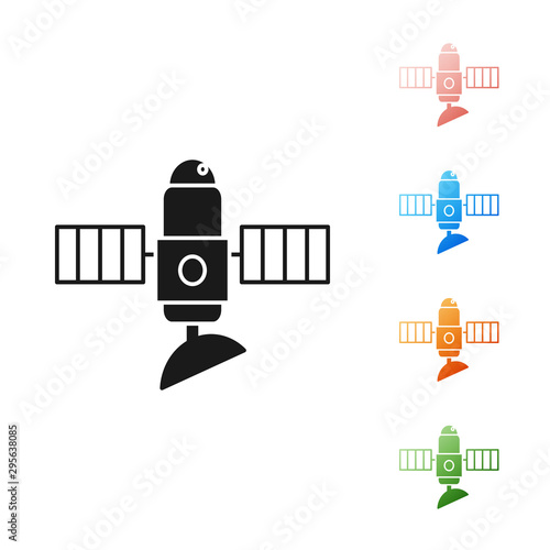 Black Satellite icon isolated on white background. Set icons colorful. Vector Illustration