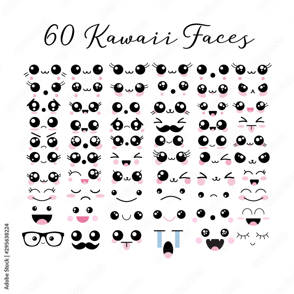 Plakat Duży zestaw 60 kawaii słodkie twarze emotikony ikony emoji ilustracji wektorowych.