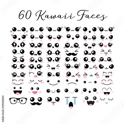 Big set of 60 kawaii cute faces emoticons icons emoji vector illustrations. 