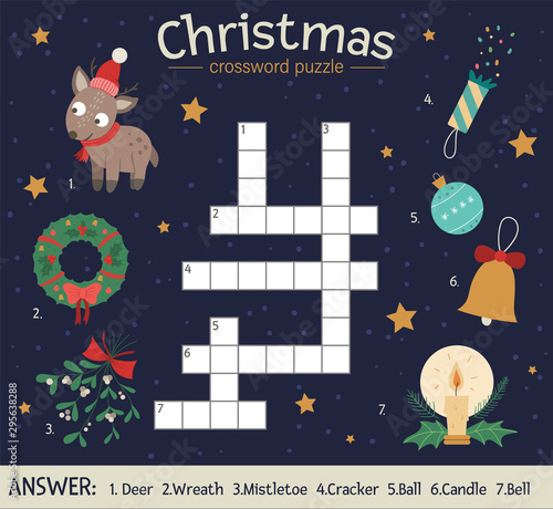 Vector Christmas crossword puzzle. Bright and colorful winter quiz for children. Educational New Year activity with deer, wreath, mistletoe, ball, candle, bell, cracker..