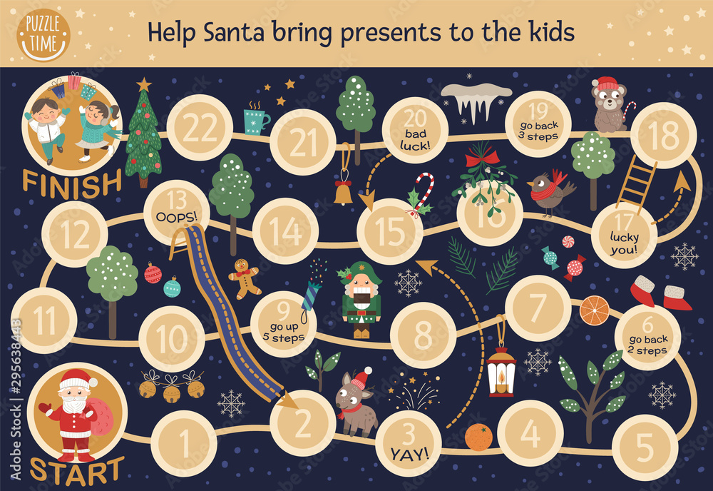 Christmas adventure board game for children. Educational winter holiday  boardgame. Puzzle with Santa Claus, deer, Nutcracker, birds, trees,  snowflakes. Help Santa bring presents to the children.. Stock Vector |  Adobe Stock