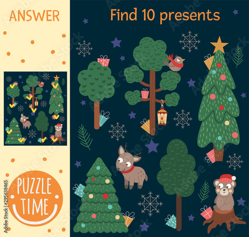 Christmas searching game for children with winter forest, trees, animals. Cute funny smiling characters. Find hidden presents..