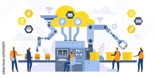 Assembly line with robotic arms flat illustration