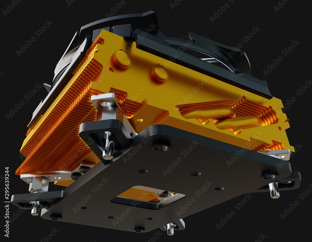 Naklejka premium CPU cooler with the copper finned heat-sink and the fan. 3d rendering.