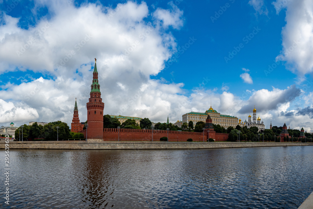 Moscow. The capital of Russia on a cloudy day. river Moscow. The architectural complex of the Kremlin against the river. Kremlin wall. Grand Kremlin palace. Business card of the capital of Russia.