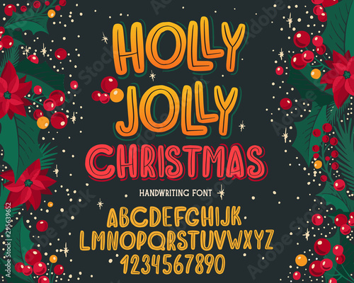 Christmas font. Holiday typography alphabet with festive illustrations and season wishes.