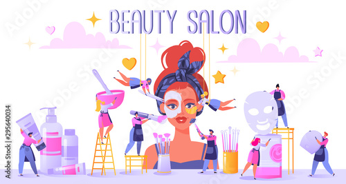 Сoncept of beauty salon and care cosmetics. Small flat people serve a client. Apply mask, put patches under eyes. Mix ingredients for masks and make cleaning and facial massage with special tools.