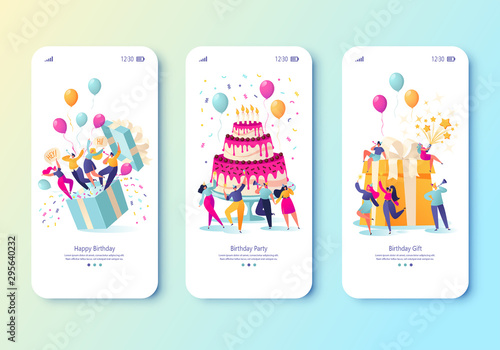 Template for mobile app page with birthday celebrations theme. Party celebration with friends. People blow their whistles, dance, make a surprise, launch fireworks, on the background of cake and gift 
