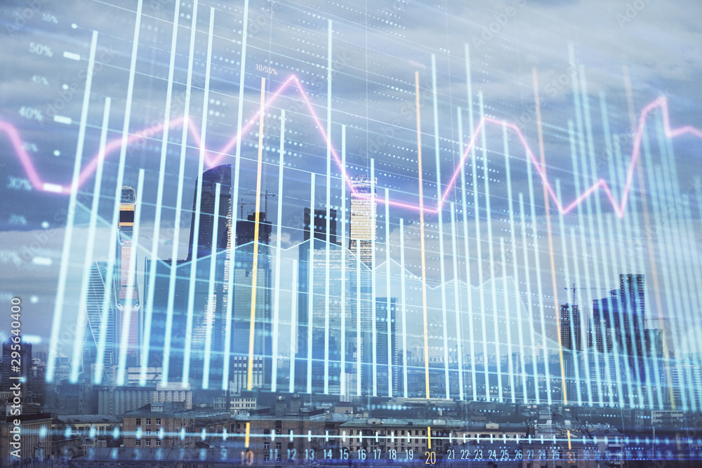 Multi exposure of financial chart on Moscow city downtown background. Concept of stock market analysis Multi exposure of financial chart on Moscow city downtown background. Concept of stock market analysis