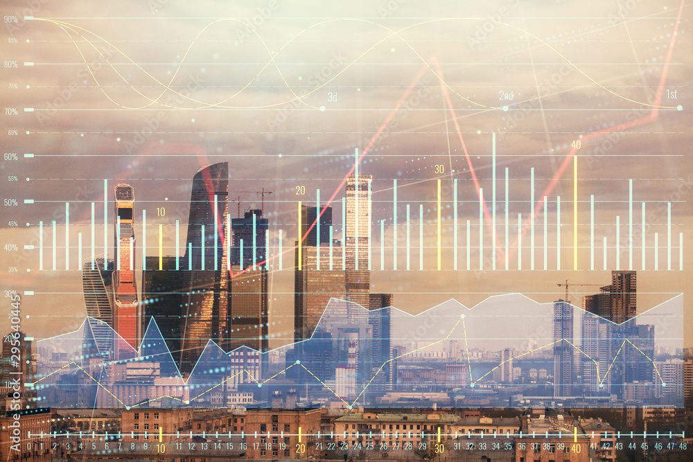 Double exposure of financial graph on downtown veiw background. Concept of stock market research and analysis Double exposure of financial graph on downtown veiw background. Concept of stock market research and analysis