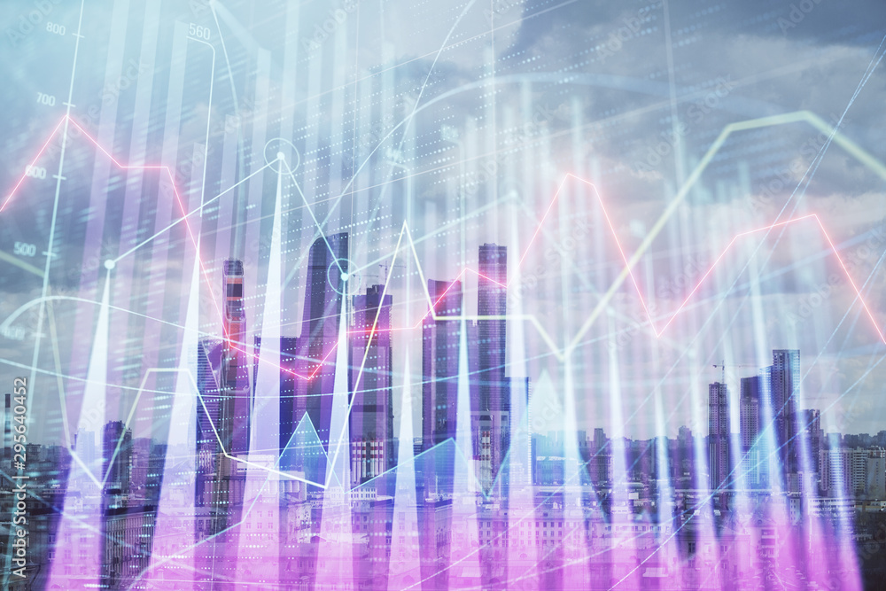 Double exposure of financial graph on downtown veiw background. Concept of stock market research and analysis Double exposure of financial graph on downtown veiw background. Concept of stock market research and analysis