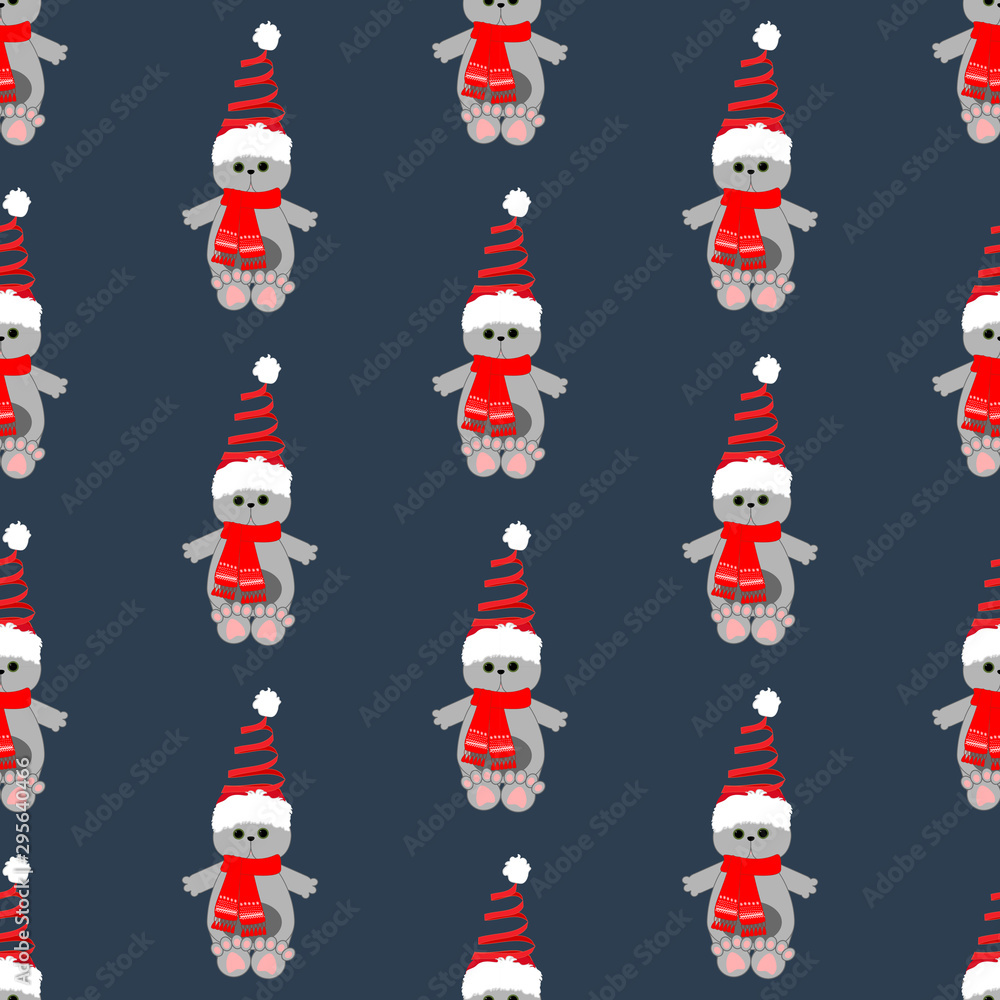 Cat in christmas costume in snowball seamless pattern