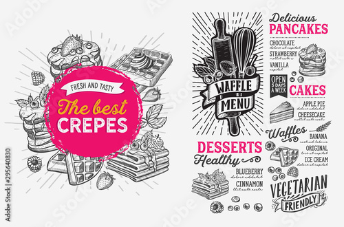 Waffle and pancake menu template for restaurant with doodle hand-drawn graphic.