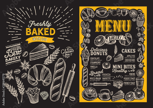 Bakery menu food template for restaurant with doodle hand-drawn graphic.