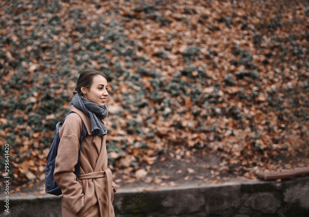 Autumn outdoor portrait of beautiful young woman walking in autumn park, wearing beige coat and warm knitted scarf. Autumn outdoor portrait of beautiful young woman walking in autumn park, wearing beige coat and warm knitted scarf.