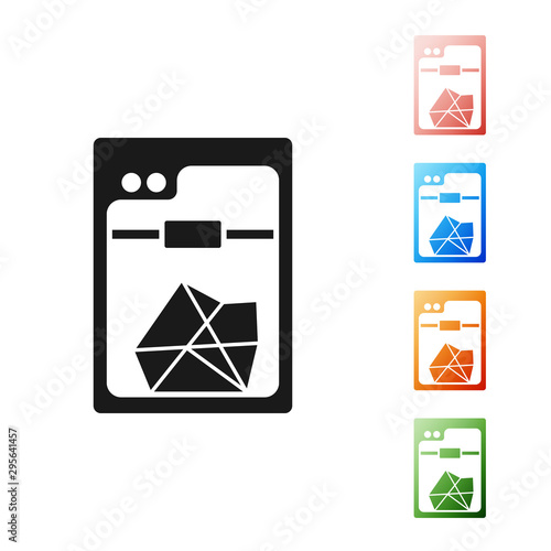 Black 3D printer icon isolated on white background. Set icons colorful. Vector Illustration