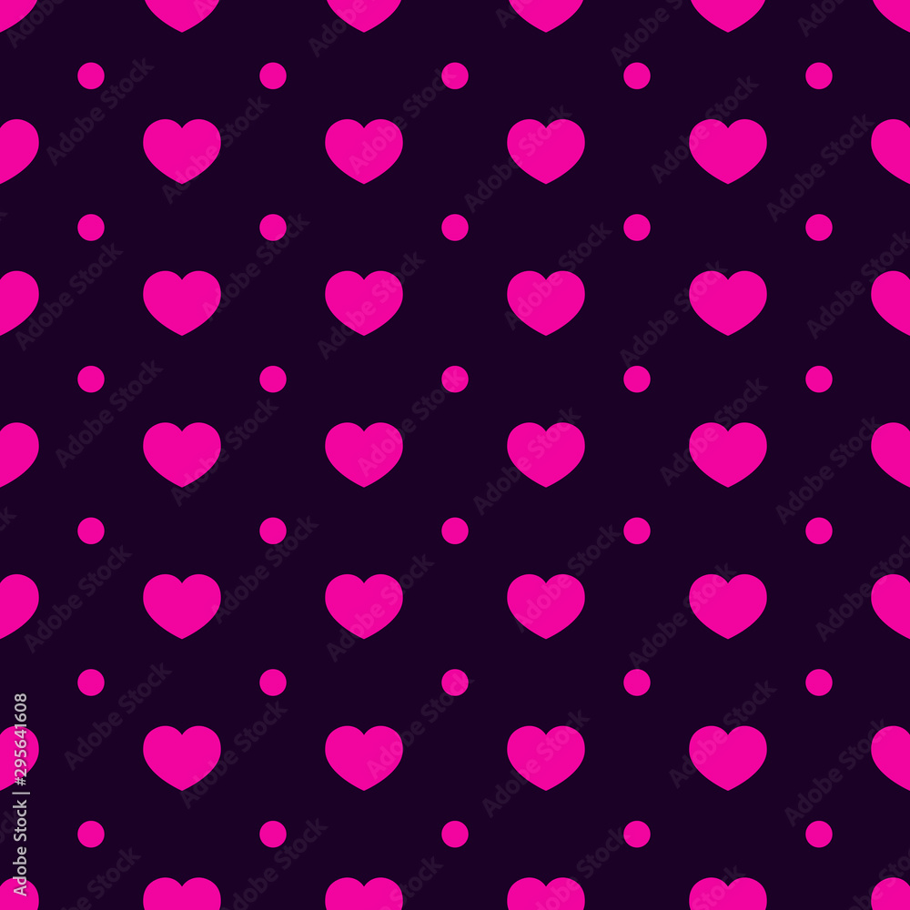 An endless pattern composed of neon pink hearts on a black, dark background. A small pink heart. Seamless vector illustration with love elements. Wrapping paper, invitation or your graphic design.