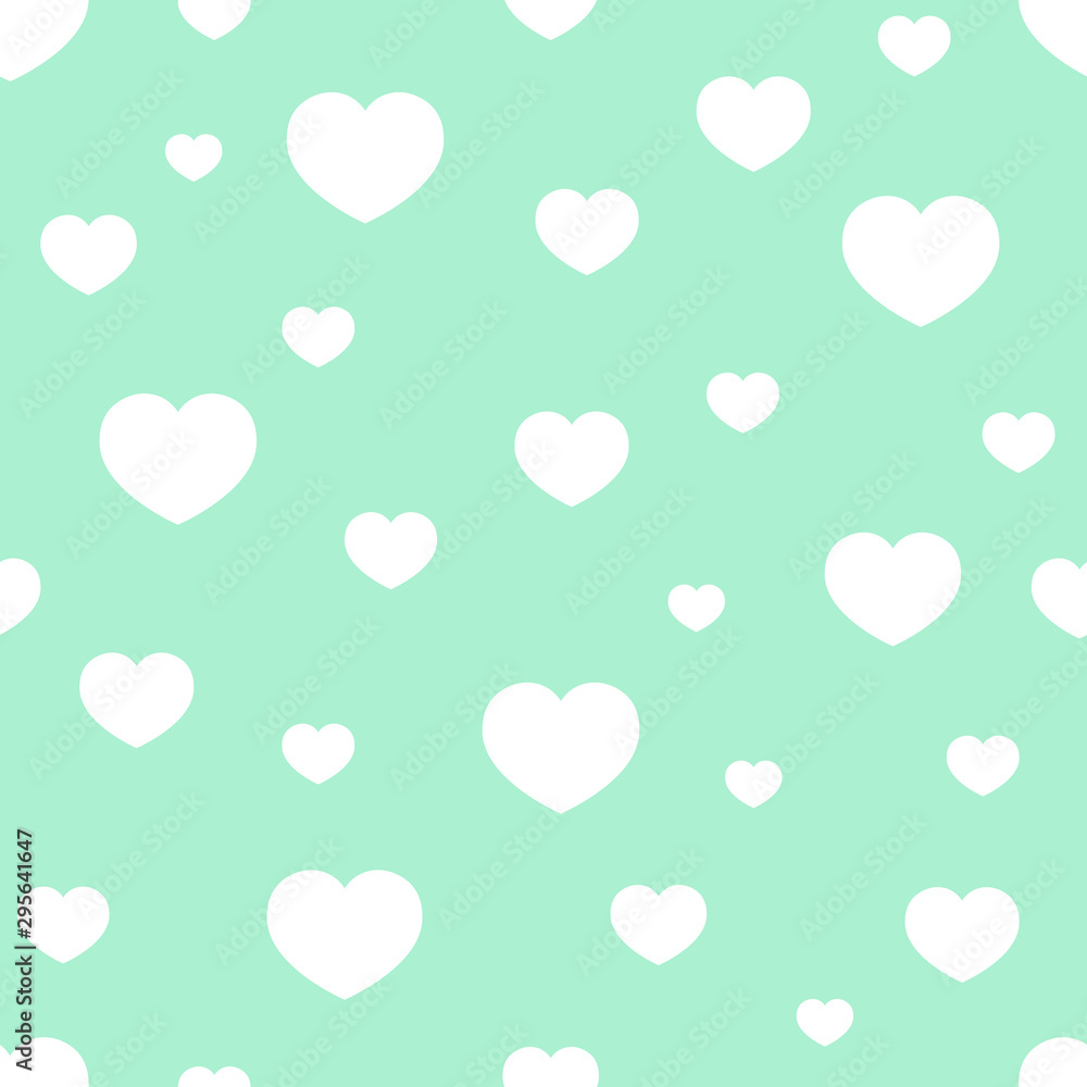 Different-sized white hearts chaotically arranged on a green, neon background. Vector illustration. Seamless pattern.