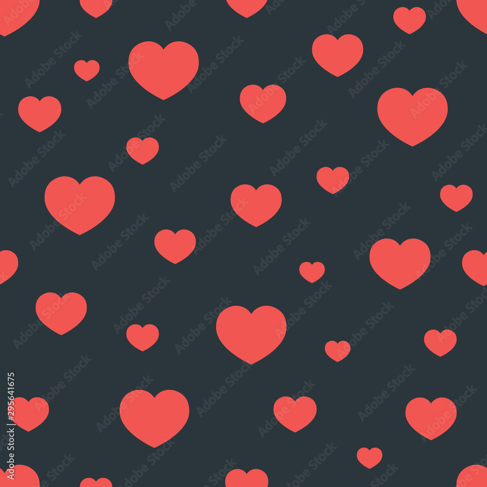 Red hearts of different sizes scattered on a dark, moody background. Vector seamless pattern with heart. Printable design in simple form.
