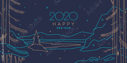 Background with the inscription Happy New Year. Vector illustration in flat style with gold lines.