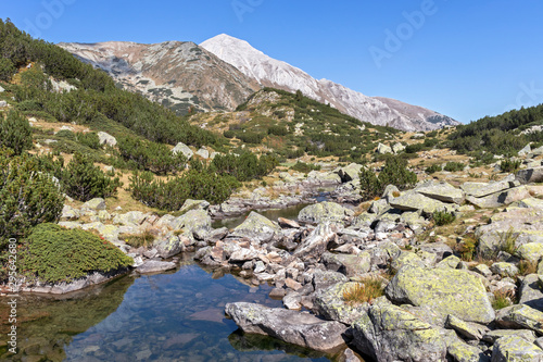 Mountain river and Vihren Peak, Pirin Mountain, Bulgaria