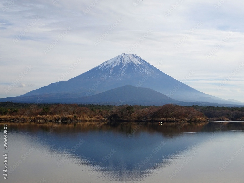 西湖に反射する富士山と空のコピースペース／【富士五湖】山梨県富士河口湖町
