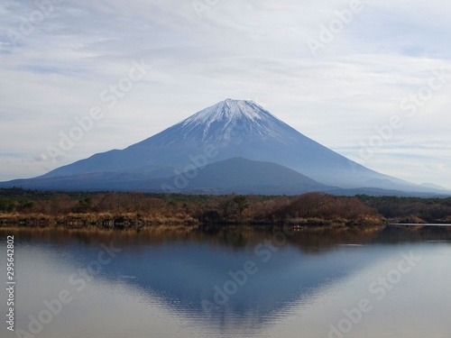 西湖に反射する富士山と空のコピースペース／【富士五湖】山梨県富士河口湖町