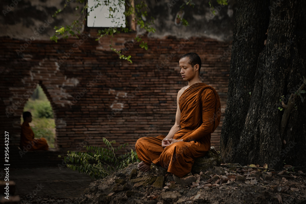 Meditation of monks at ancient temples in Phra Nakhon Si Ayutthaya, Thailand