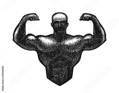 Gym, bodybuilding logo or label. Strong man with big muscles. Vector illustration