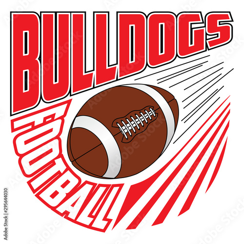 Bulldogs Football Team Design is a sports design template that includes graphic text and a flying ball. Great for advertising and promotion such as t-shirts for teams or schools.