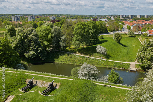 Old bronze cannon on rampart in city Fredericia, Denmark