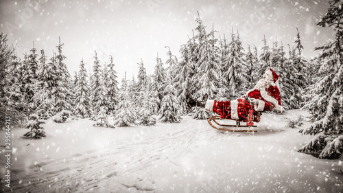 Red old snata claus on winter road and snow decoration. 