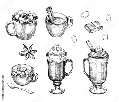 Hot chocolate drink. Outline. Hand drawn illustration converted to vector. Isolated on white background