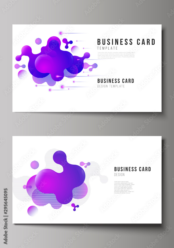 The minimalistic abstract vector illustration of the editable layout of two creative business cards design templates. Background with fluid gradient, liquid blue colored geometric element.