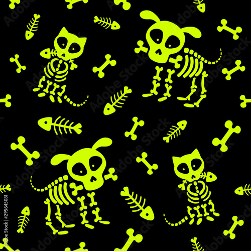 Halloween seamless pattern. Funny skeleton, skull and bones. Vector pattern with dog skeleton and cat skeleton on a black background