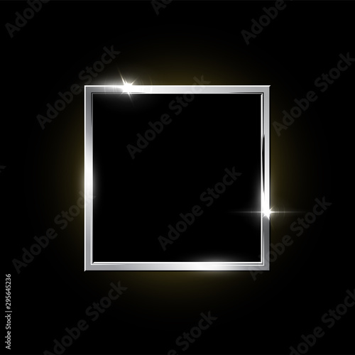Silver square frame isolated on black background. Vector design element.