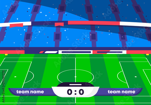 Vector illustration of a football stadium with the center of the field, the start of a football match