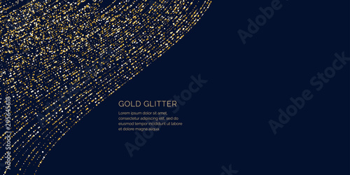 Background with gold glitter to place the inscription. Poster with lines consisting of particles.