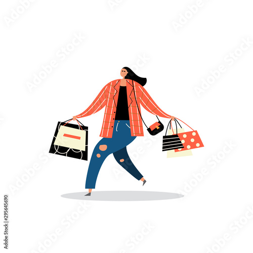 Vector illustration of woman with shopping bags.
