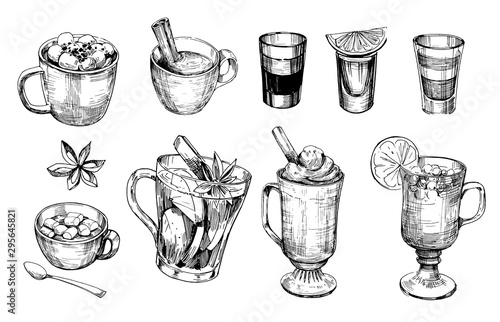 Sketches of winter drinks.  Hot chocolate, shots, mulled wine, coffee. Hand drawn vector