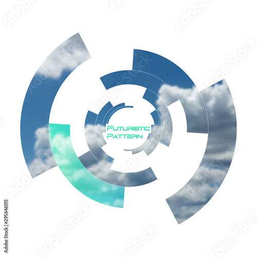 Circular pattern, circle elements forming geometric frame for photo with colorful green color gradient banner. Futuristic design vector illustration