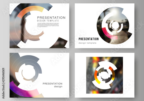 The minimalistic abstract vector layout of the presentation slides design business templates. Futuristic design circular pattern, circle elements forming geometric frame for photo.