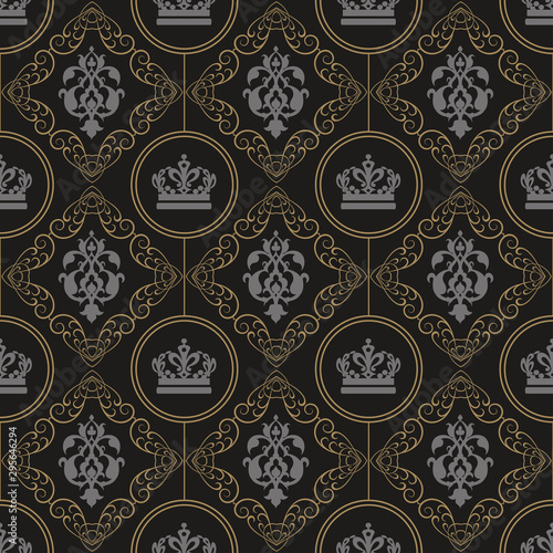 Dark background pattern. Seamless decorative wallpaper in royal style. On the image: royal crowns and golden vintage ornate pattern for your design. Vector illustration