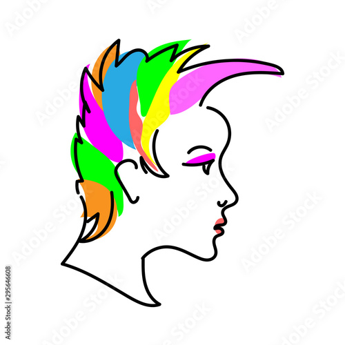 The head of a girl or boy in profile with multi- colored rainbow hair. Icon. Isolated.