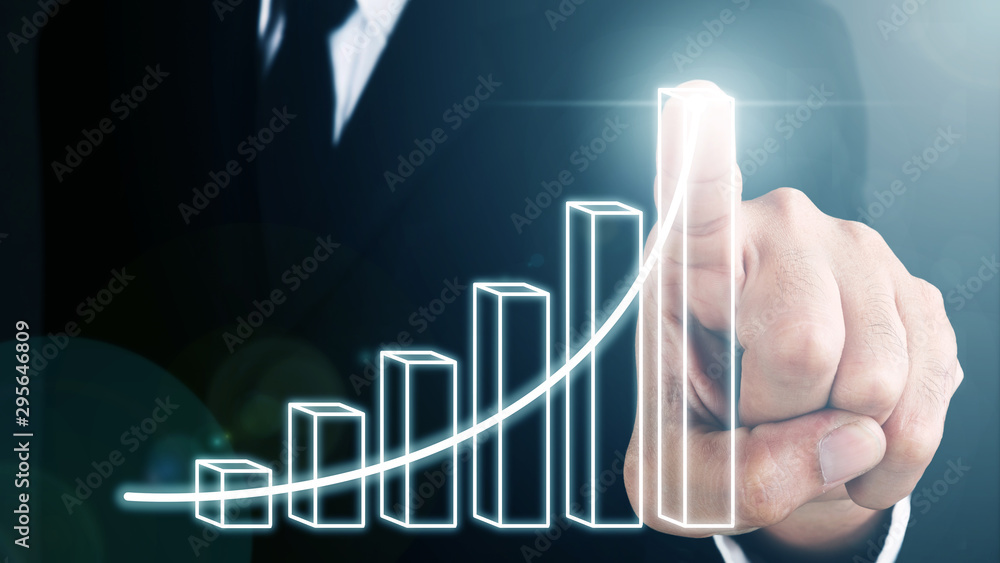 Man standing and pointing hand with Bar Chart and Line Visual Graphic ...