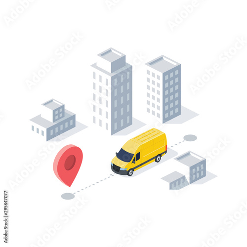 Delivery car city. Vector 3d isometric, color web icon, new flat style. Creative illustration design, idea for infographics.
